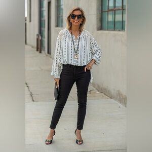 Jacket Society Buttoned Down‎ Top Lace Women’s Size Medium Tab Sleeves